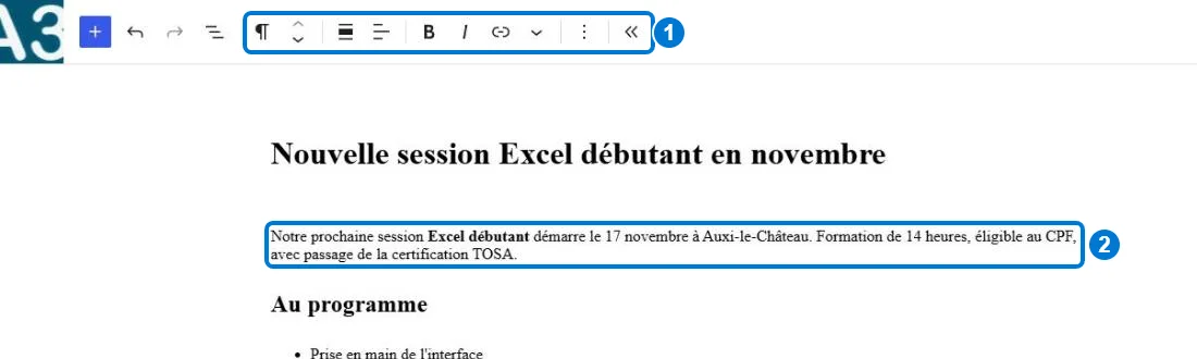 Barre d'outils du bloc Paragraphe sélectionné dans Gutenberg