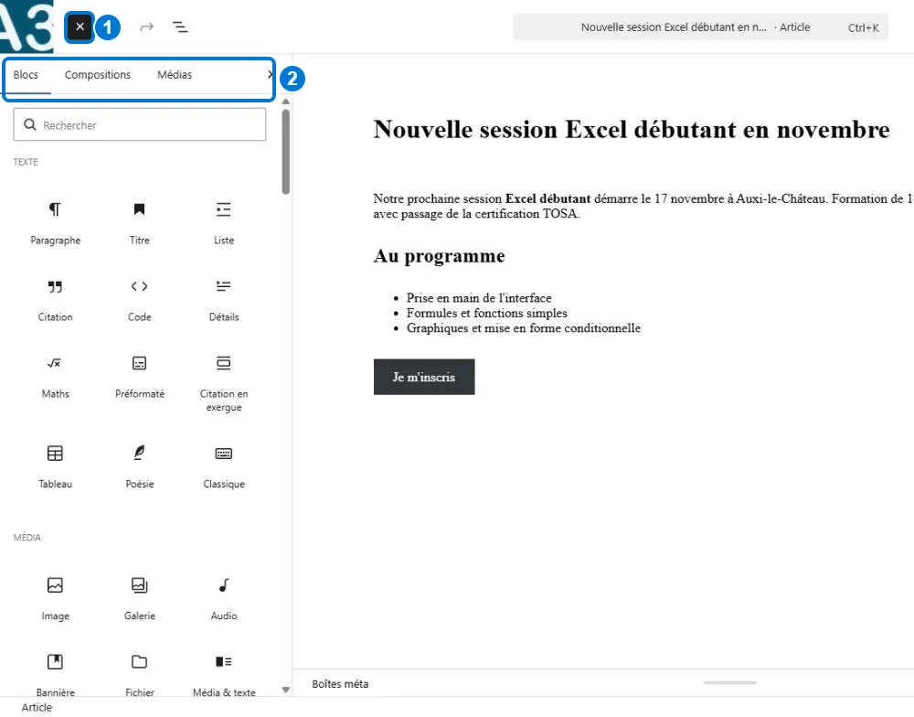 Inserteur de blocs de Gutenberg ouvert sur l'onglet Blocs