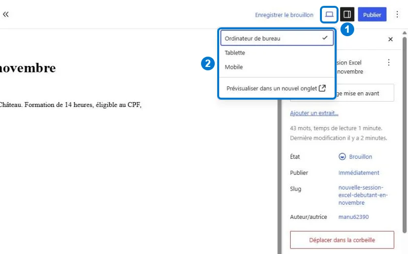 Menu de prévisualisation Ordinateur, Tablette, Mobile dans Gutenberg