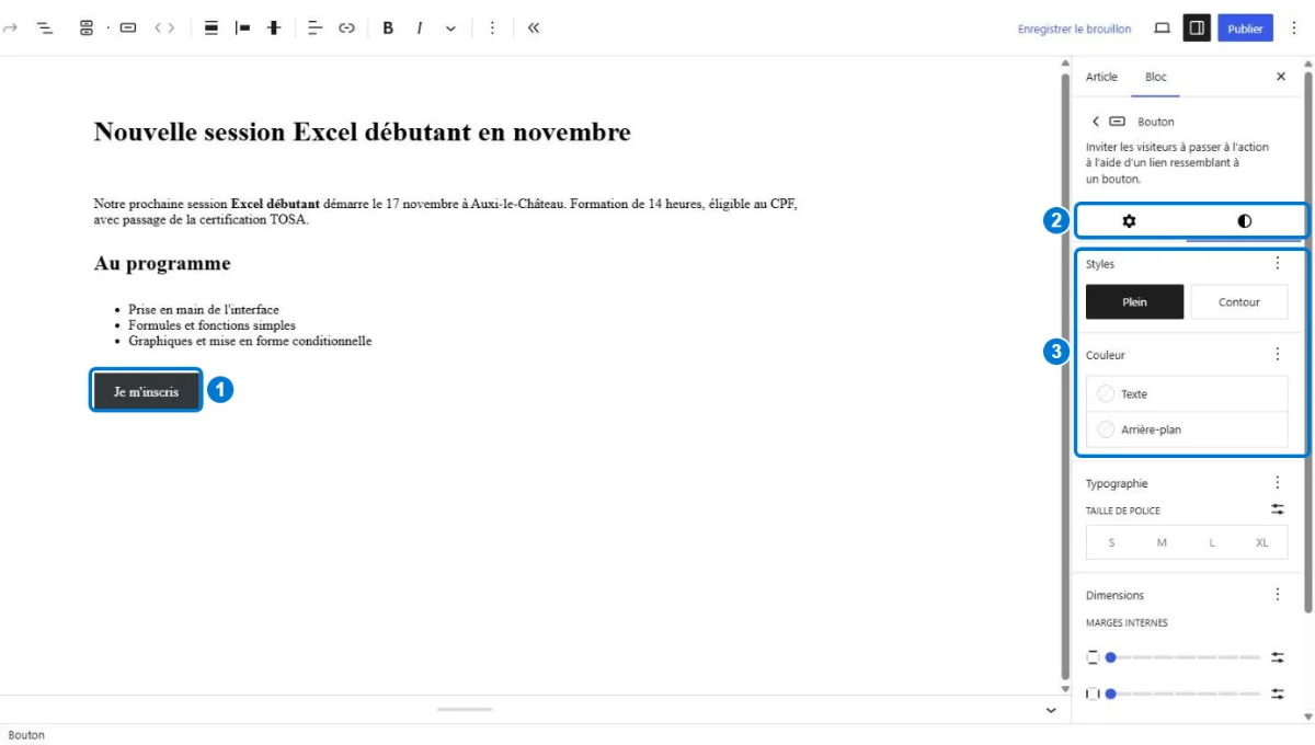 Onglet Styles des réglages d'un bloc Bouton dans Gutenberg