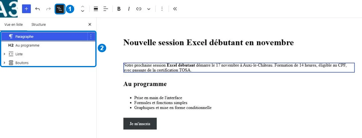 Vue en liste des blocs d'un article dans Gutenberg