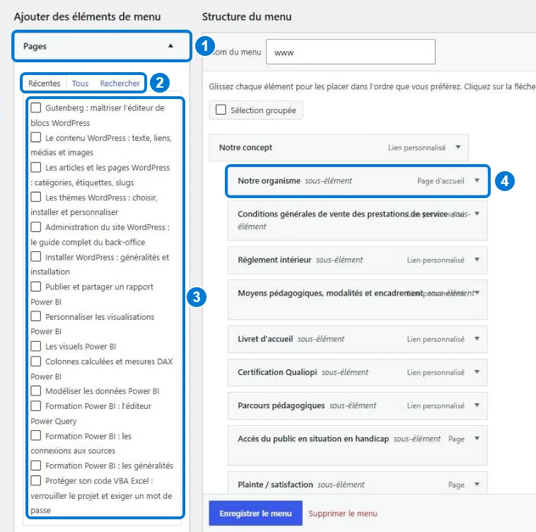 Ajout de pages à un menu WordPress et sous-éléments décalés dans la structure du menu