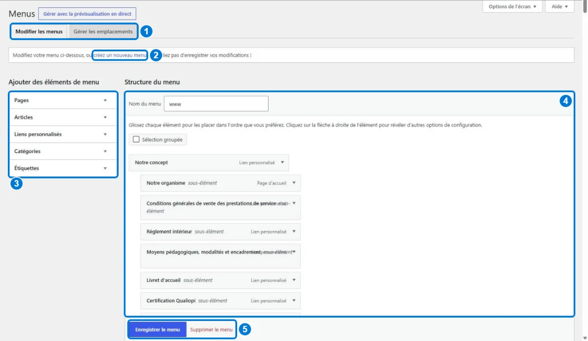 Écran Apparence > Menus de WordPress : onglets, ajout d&rsquo;éléments et structure du menu » width= »1200&Prime; height= »697&Prime; loading= »lazy »><figcaption>L&rsquo;écran Menus : onglets (1), lien de création (2), éléments à ajouter (3), structure (4), enregistrement (5)</figcaption></figure>
  <ol class=