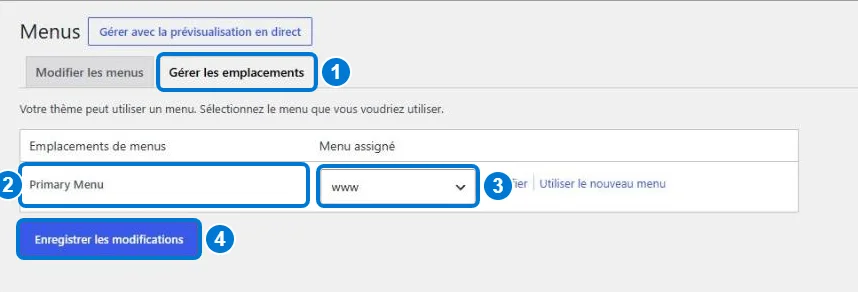 Onglet Gérer les emplacements de WordPress : association du menu à l'emplacement Primary Menu