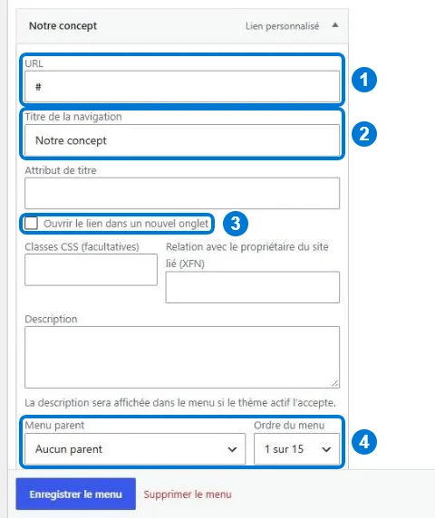 Options d'un élément de menu WordPress : URL, titre de la navigation, nouvel onglet, menu parent