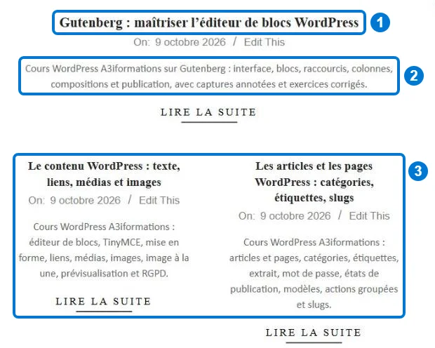 Page de résultats de la recherche WordPress pour le mot clé wordpress, avec titres et extraits des pages