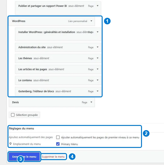 Hiérarchie d'un menu WordPress, réglages du menu, boutons Enregistrer et Supprimer le menu