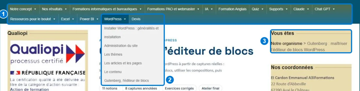 Menu principal du site A3iformations avec le sous-menu WordPress déroulé et le fil d'Ariane Vous êtes dans la barre latérale