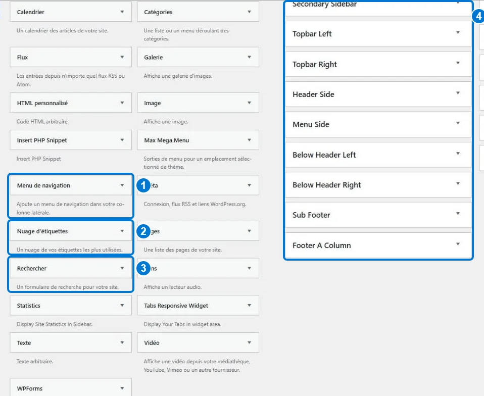 Écran Apparence > Widgets : widgets Menu de navigation, Nuage d&rsquo;étiquettes et Rechercher, zones de widgets du thème » width= »958&Prime; height= »784&Prime; loading= »lazy »><figcaption>Les widgets Menu de navigation (1), Nuage d&rsquo;étiquettes (2) et Rechercher (3), à glisser dans une zone du thème (4)</figcaption></figure>
  <ol class=