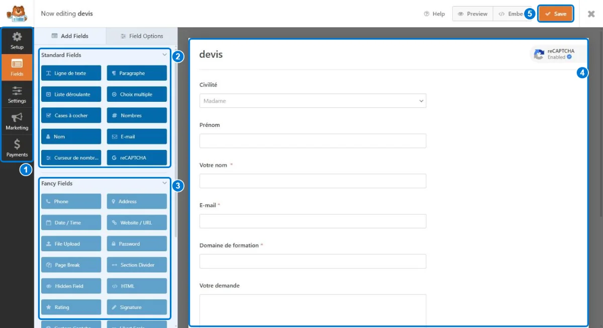 Constructeur WPForms : onglets Setup, Fields, Settings, champs standards, champs avancés, aperçu du formulaire devis et bouton Save