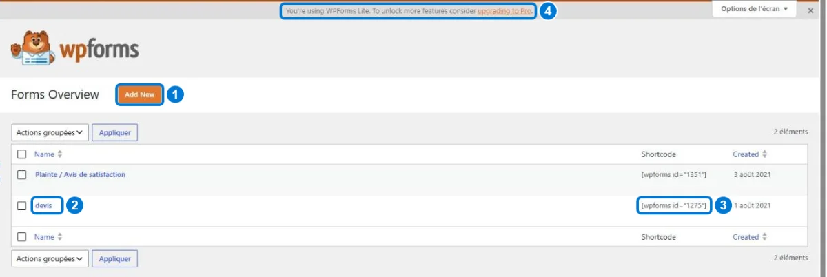 Liste des formulaires WPForms Lite : bouton Add New, formulaire devis et son code court