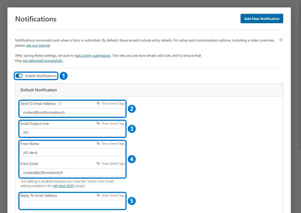 Réglages Notifications de WPForms : activation, destinataire, objet, expéditeur et adresse de réponse