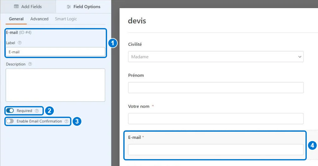 Options du champ E-mail dans WPForms : libellé, Required et Enable Email Confirmation