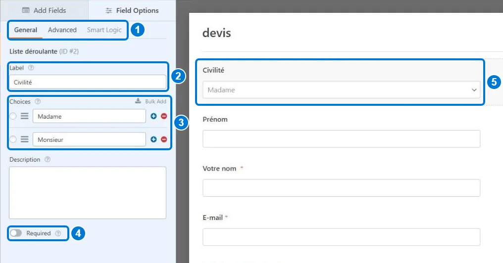 Options d'un champ Liste déroulante dans WPForms : onglets, libellé, choix et bouton Required