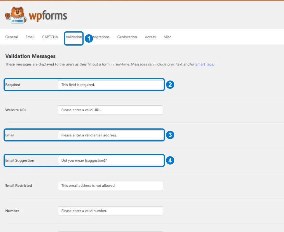WPForms Settings › Validation : messages d'erreur Required, Email et suggestion d'e-mail